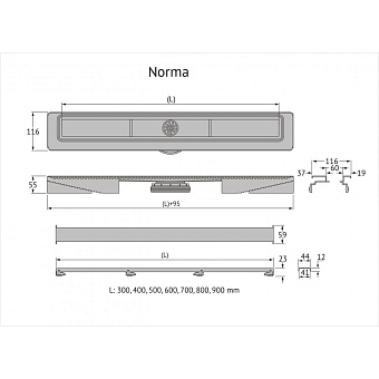Щелевой душевой трап BERGES C1 Norma 900 99,5х12,1см вертикальный сток