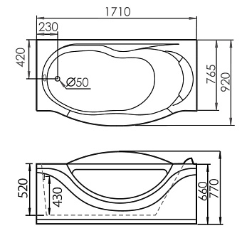 Ванна акриловая Gemy G9072 O L 171х92см пристенная