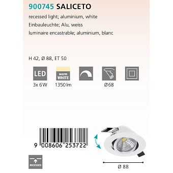 Светильник точечный встраиваемый EGLO SALICETO 900745 18Вт LED