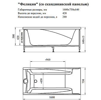 Ванна акриловая RADOMIR Фелиция 2-75-2-0-0-204Р 160х75см пристенная