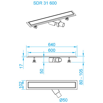 Душевой лоток RGW 47213160-01 SDR-31 60х10,2см горизонтальный сток с решёткой и опорами