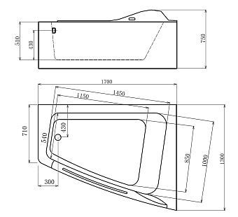 Ванна акриловая Gemy G9056 K R 170х130см пристенная