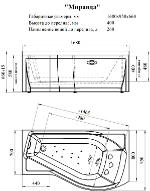 Ванна акриловая RADOMIR Модерна 2-01-0-2-1-209Ч 168х95см пристенная