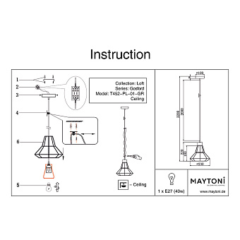 Светильник подвесной Maytoni Gosford T452-PL-01-GR 60Вт E27