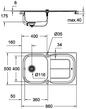 Мойка кухонная GROHE K300 31565SD0 86х50см сталь/хром